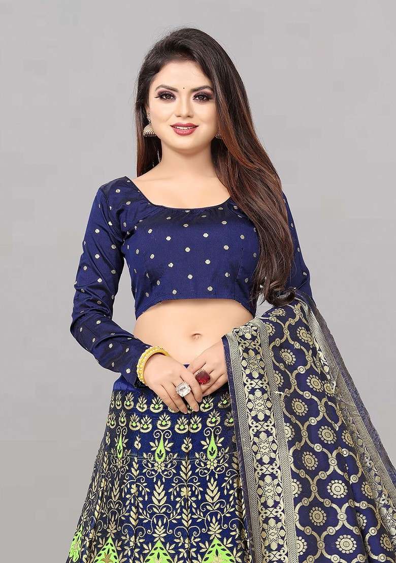 Blue Zari Work Blended Lehenga Choli - Indya