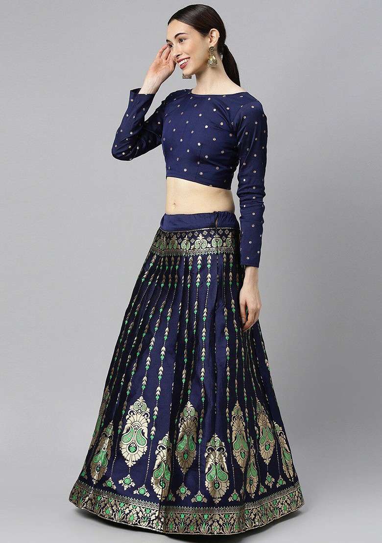 Navy Blue Emboridered Blended Lehenga Choli - Indya