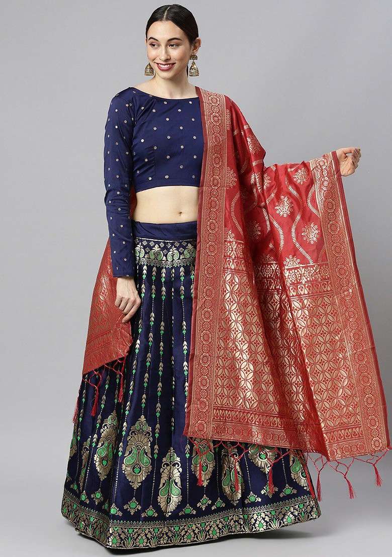 Navy Blue Emboridered Blended Lehenga Choli - Indya