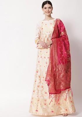 White Printed Blended Lehenga Choli