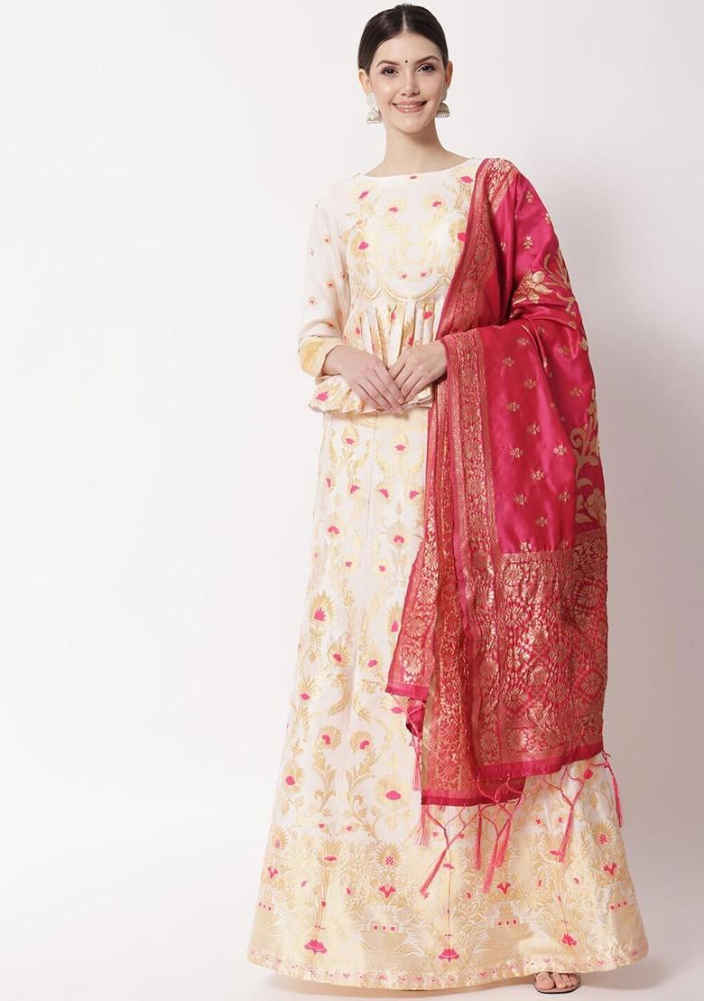 White Printed Blended Lehenga Choli - Indya