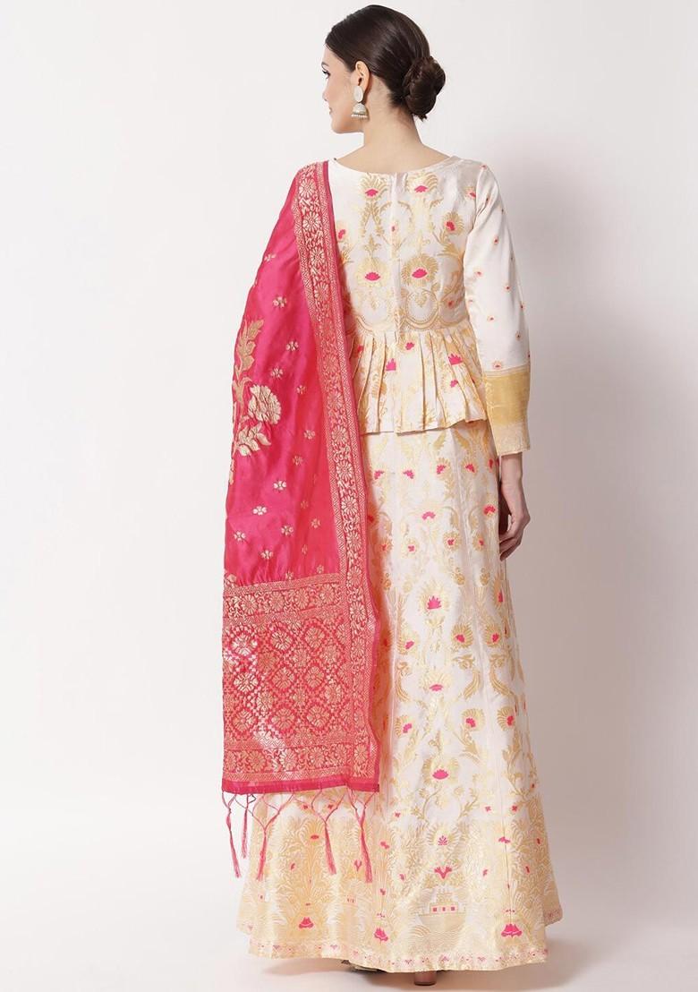 White Printed Blended Lehenga Choli - Indya