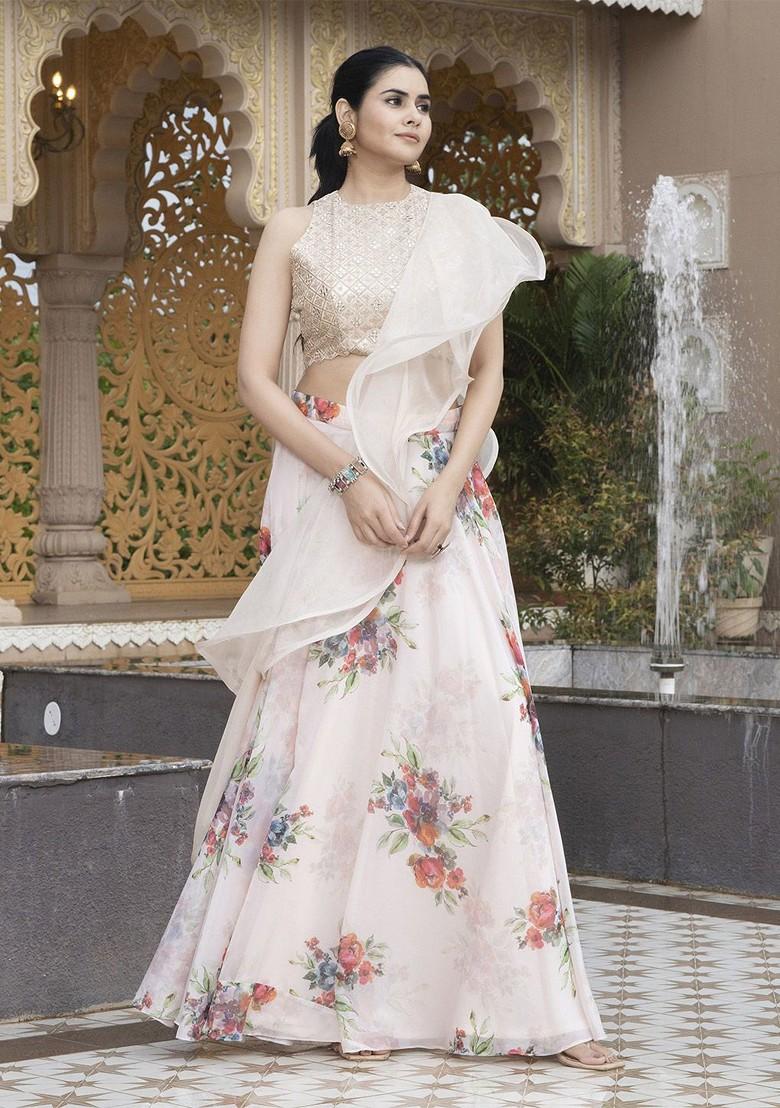 Beige Emboridered Blended Lehenga Choli - Indya