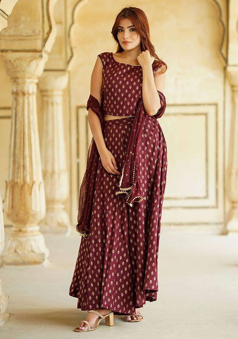 Maroon Printed Blended Lehenga Choli - Indya