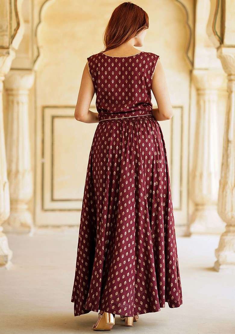 Maroon Printed Blended Lehenga Choli - Indya