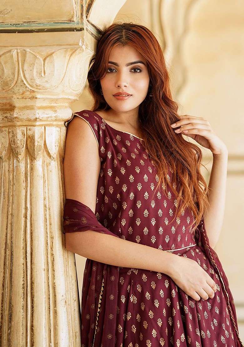 Maroon Printed Blended Lehenga Choli - Indya