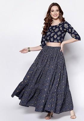Navy Blue Printed Blended Lehenga Choli