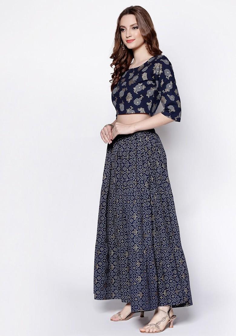 Navy Blue Printed Blended Lehenga Choli - Indya