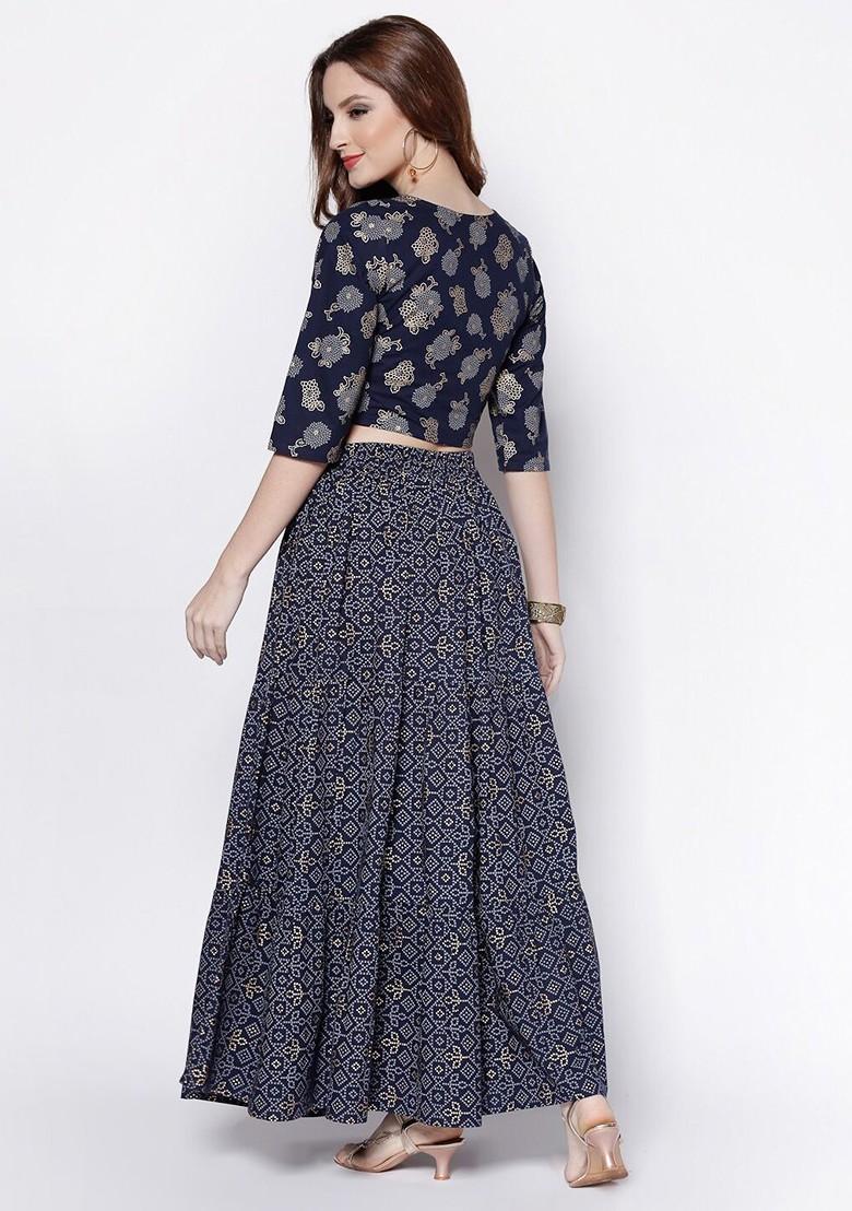 Navy Blue Printed Blended Lehenga Choli - Indya