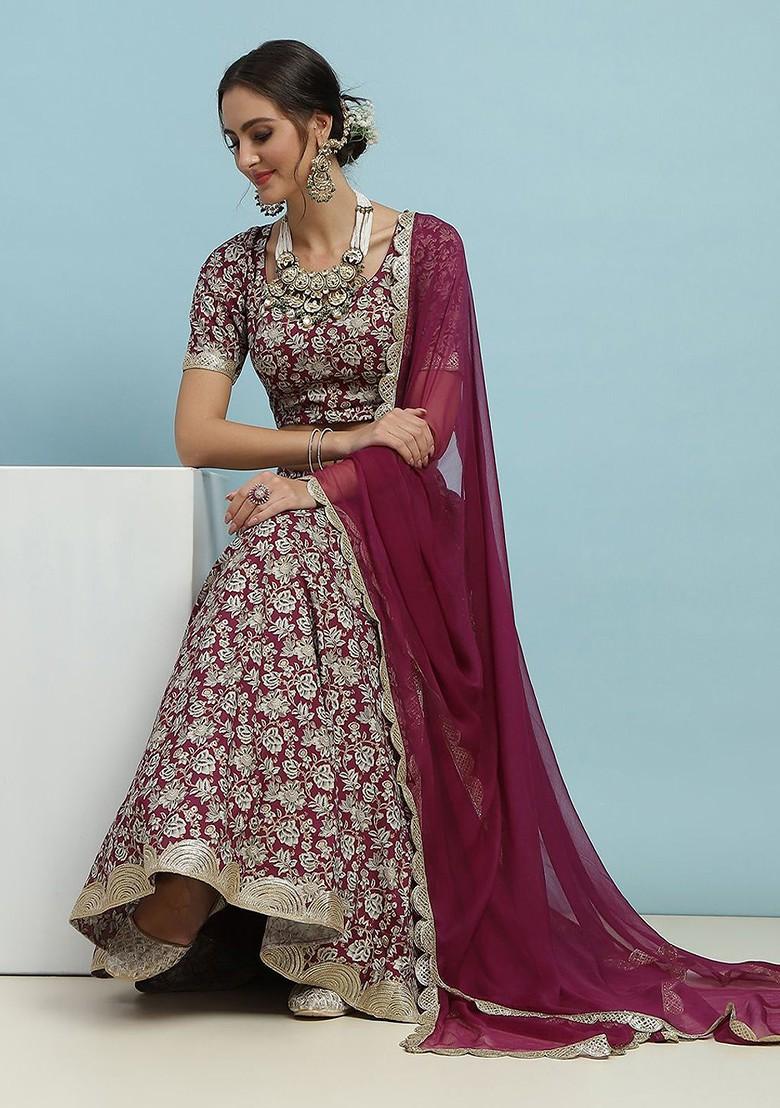 Maroon Printed Blended Lehenga Choli