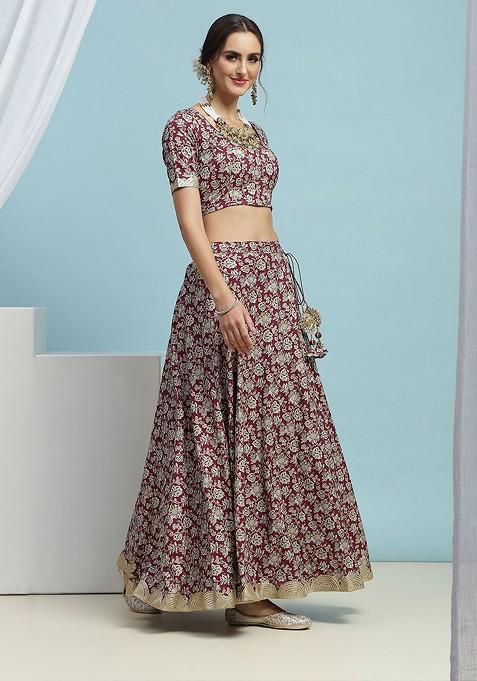 Maroon Printed Blended Lehenga Choli