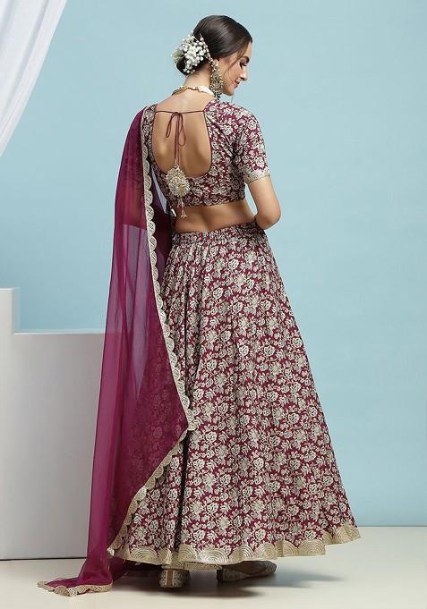 Maroon Printed Blended Lehenga Choli