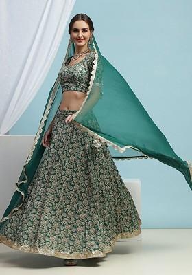 Green Printed Blended Lehenga Choli