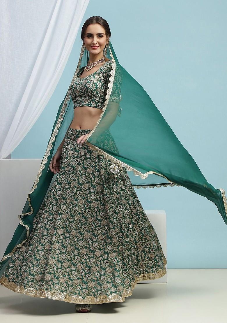 Green Printed Blended Lehenga Choli
