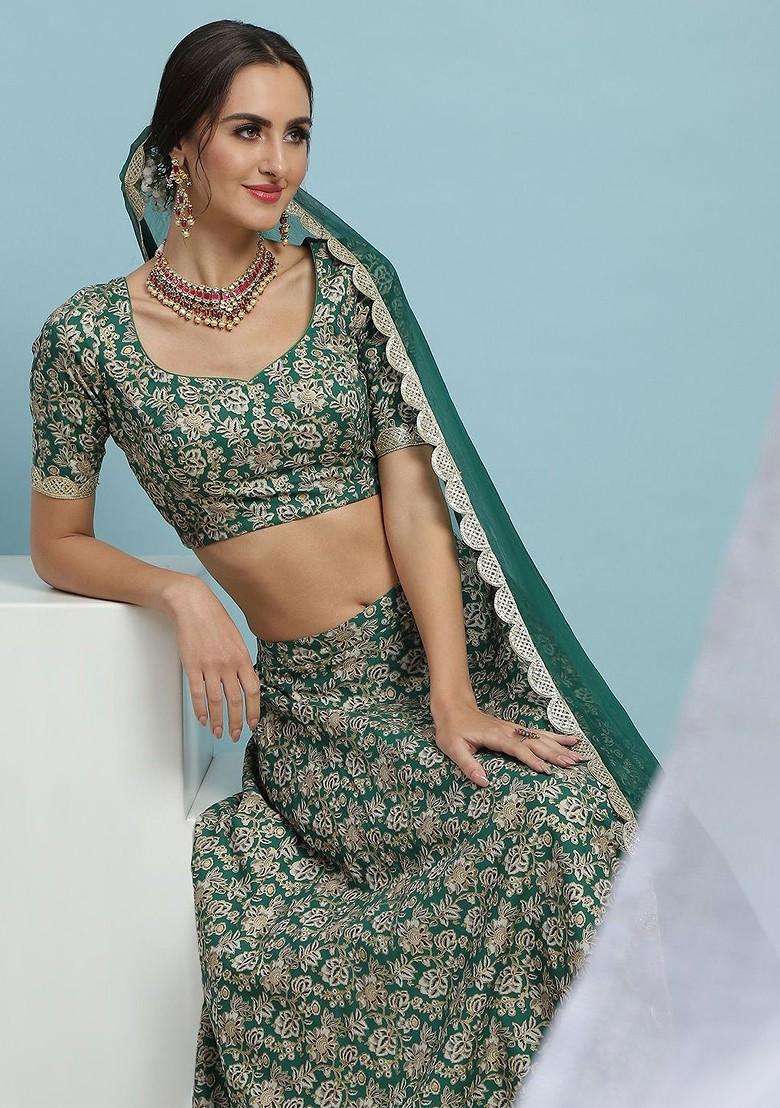 Green Printed Blended Lehenga Choli - Indya