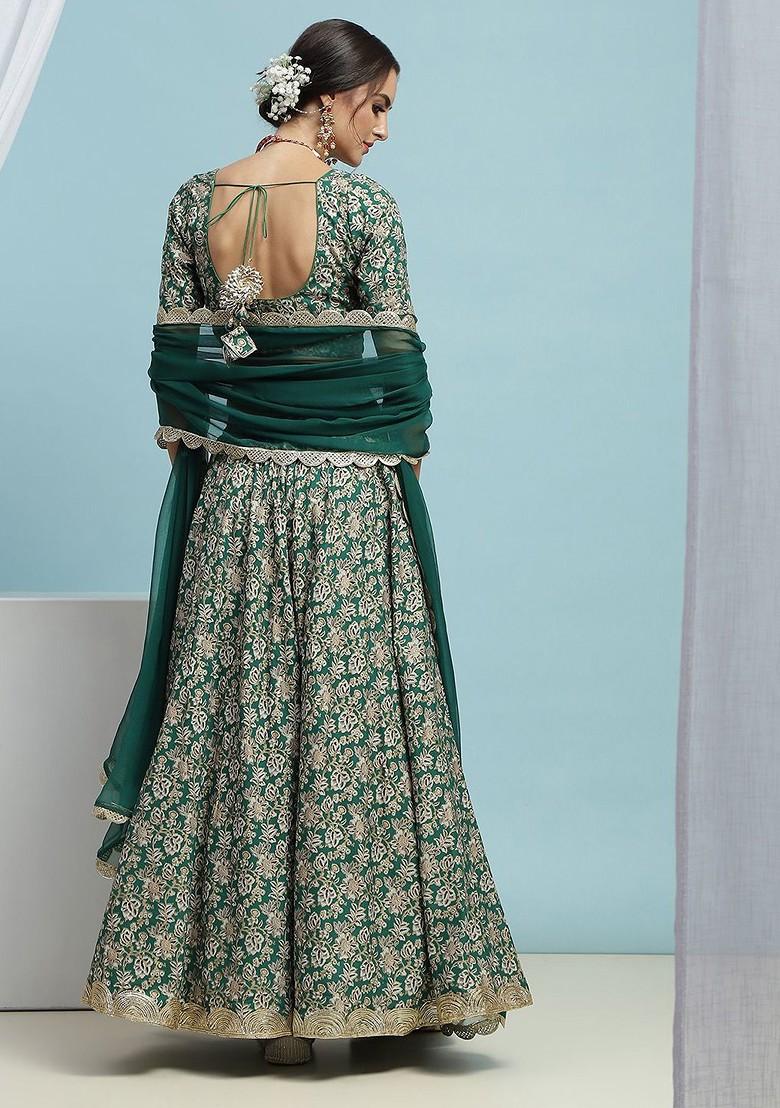 Green Printed Blended Lehenga Choli - Indya