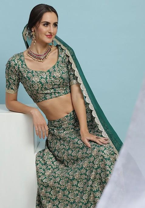 Green Printed Blended Lehenga Choli