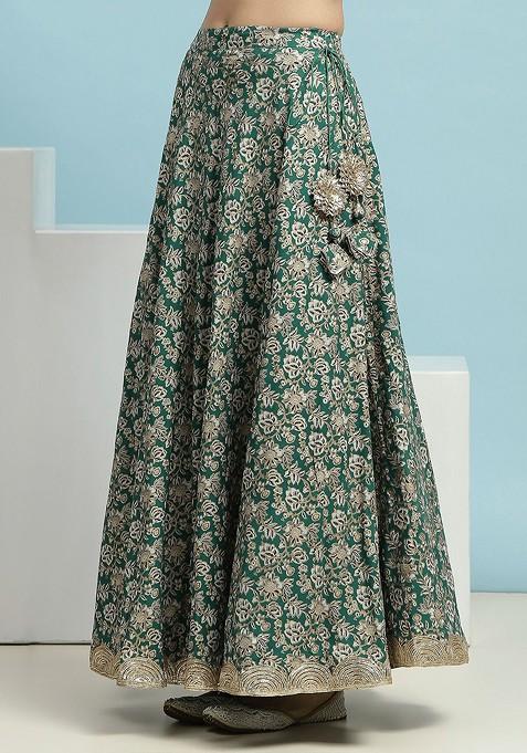 Green Printed Blended Lehenga Choli