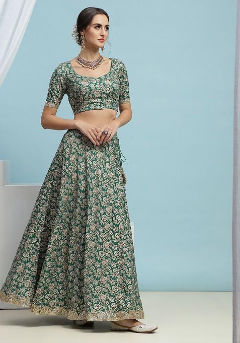 Green Printed Blended Lehenga Choli