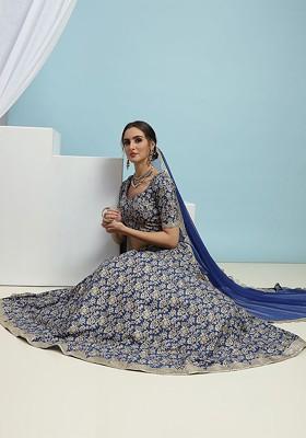 Blue Printed Blended Lehenga Choli