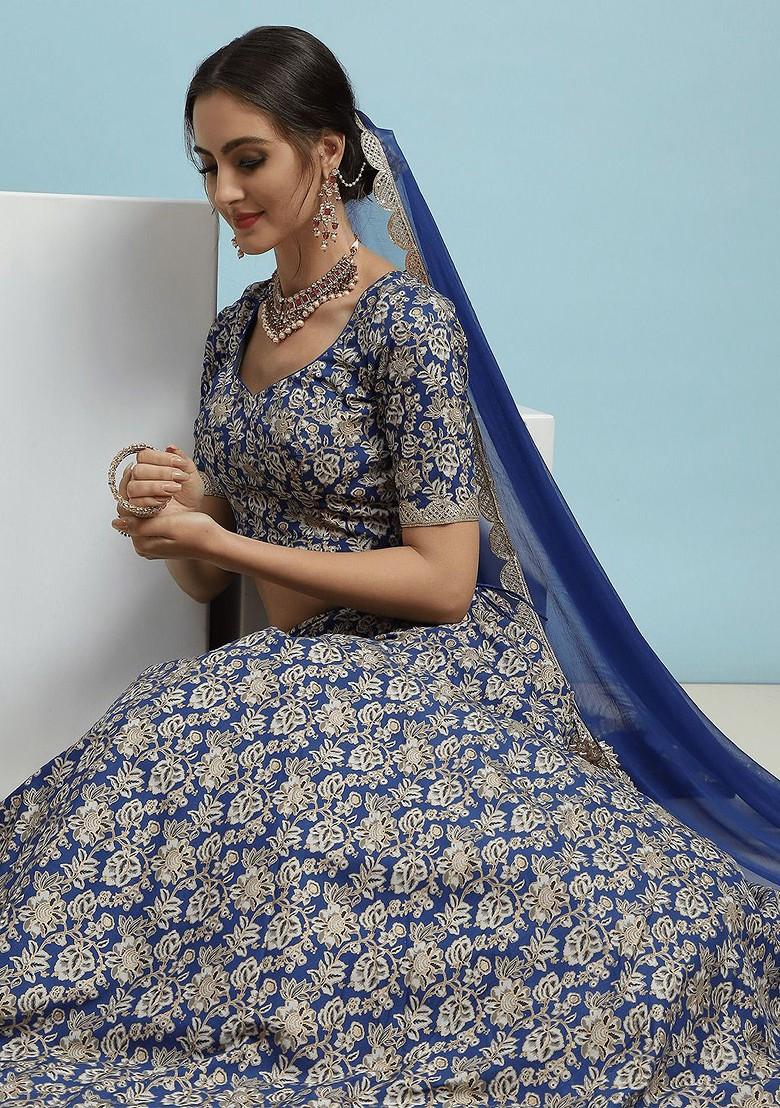 Blue Printed Blended Lehenga Choli