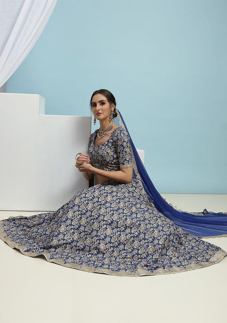 Blue Printed Blended Lehenga Choli