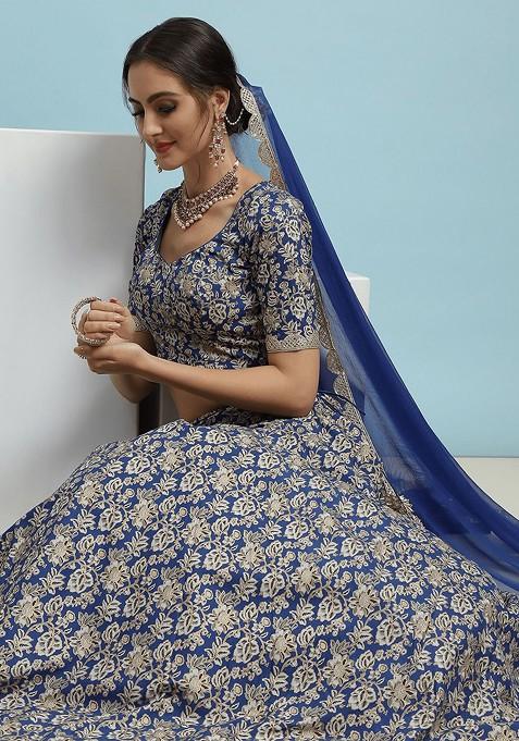 Blue Printed Blended Lehenga Choli