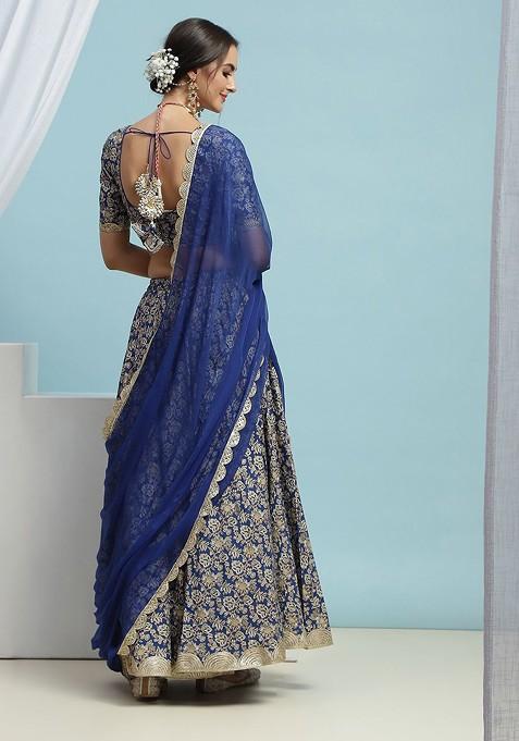 Blue Printed Blended Lehenga Choli