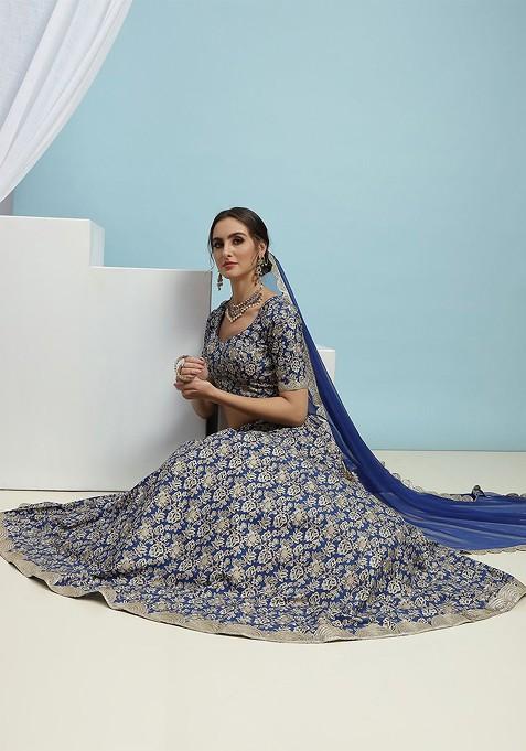 Blue Printed Blended Lehenga Choli
