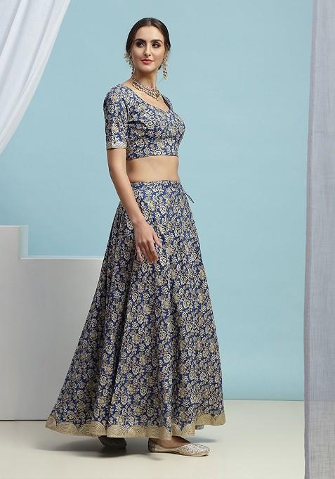 Blue Printed Blended Lehenga Choli