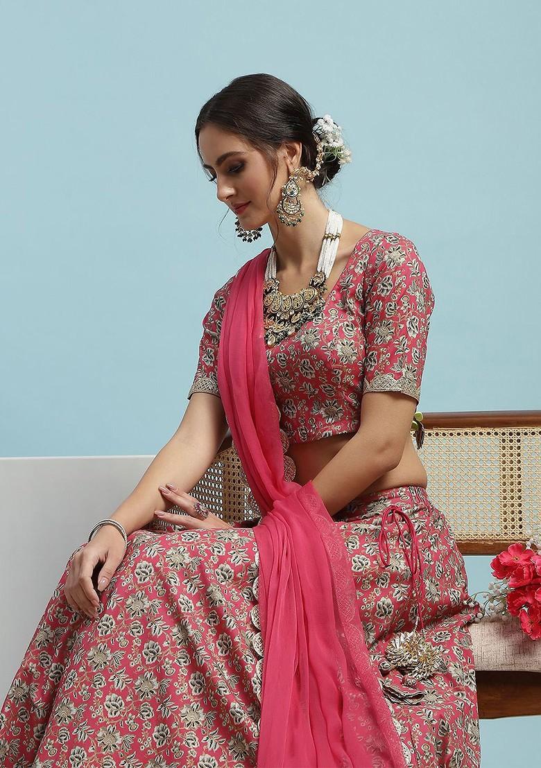 Pink Printed Blended Lehenga Choli - Indya