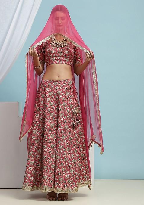 Pink Printed Blended Lehenga Choli