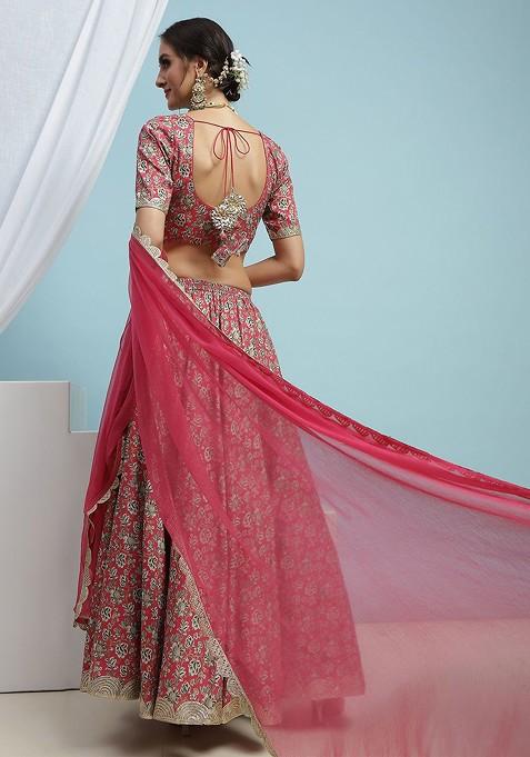 Pink Printed Blended Lehenga Choli