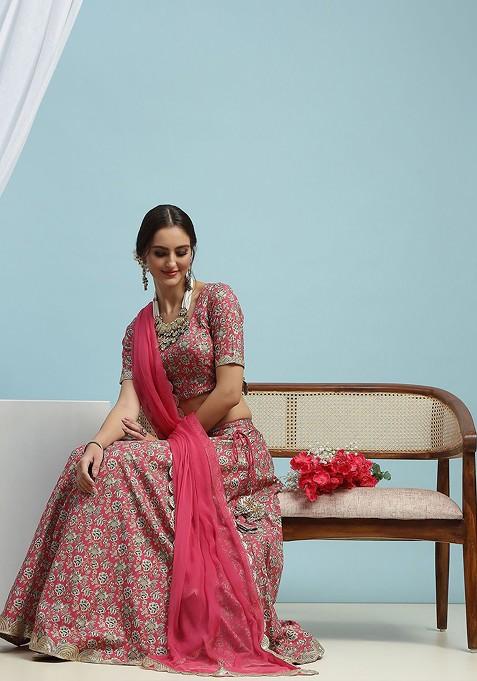 Pink Printed Blended Lehenga Choli