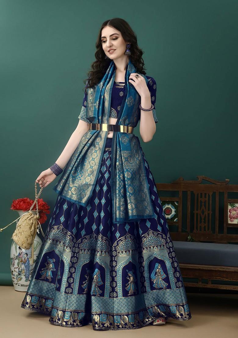 Blue Zari Work Blended Lehenga Choli - Indya