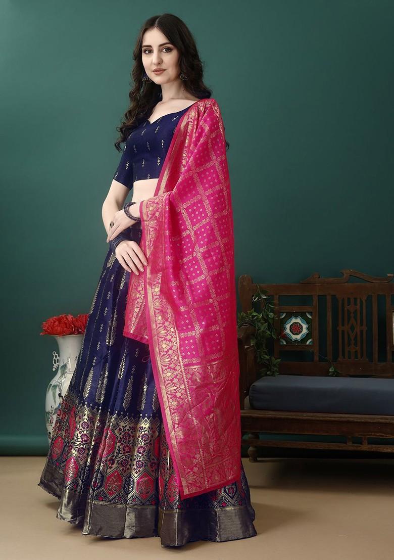 Navy Blue Woven Design Blended Lehenga Choli - Indya
