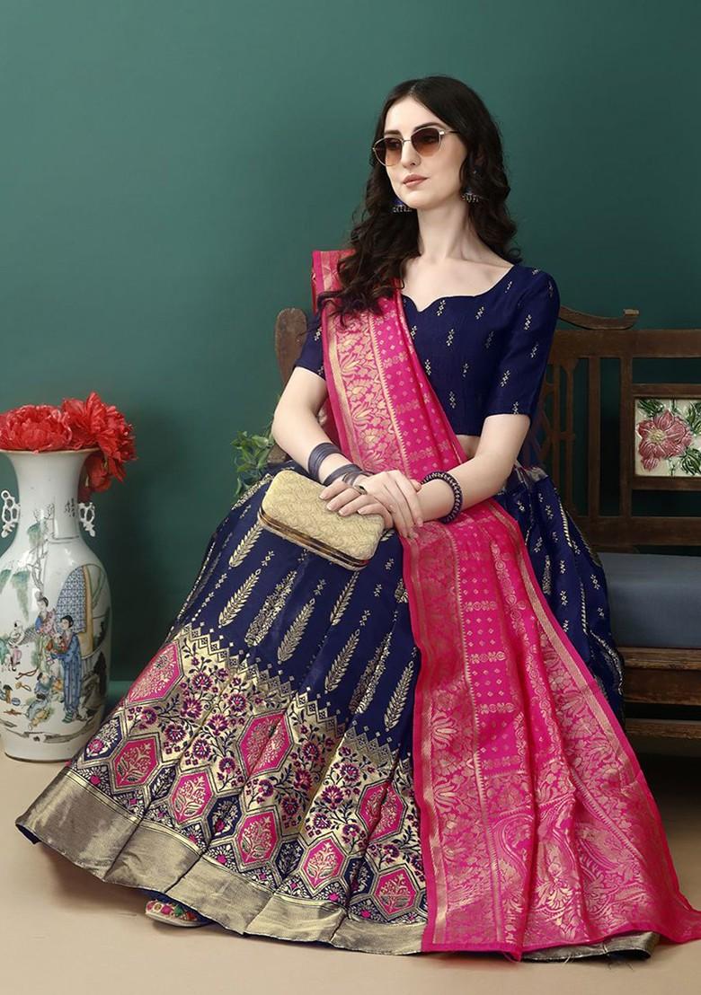 Navy Blue Woven Design Blended Lehenga Choli - Indya