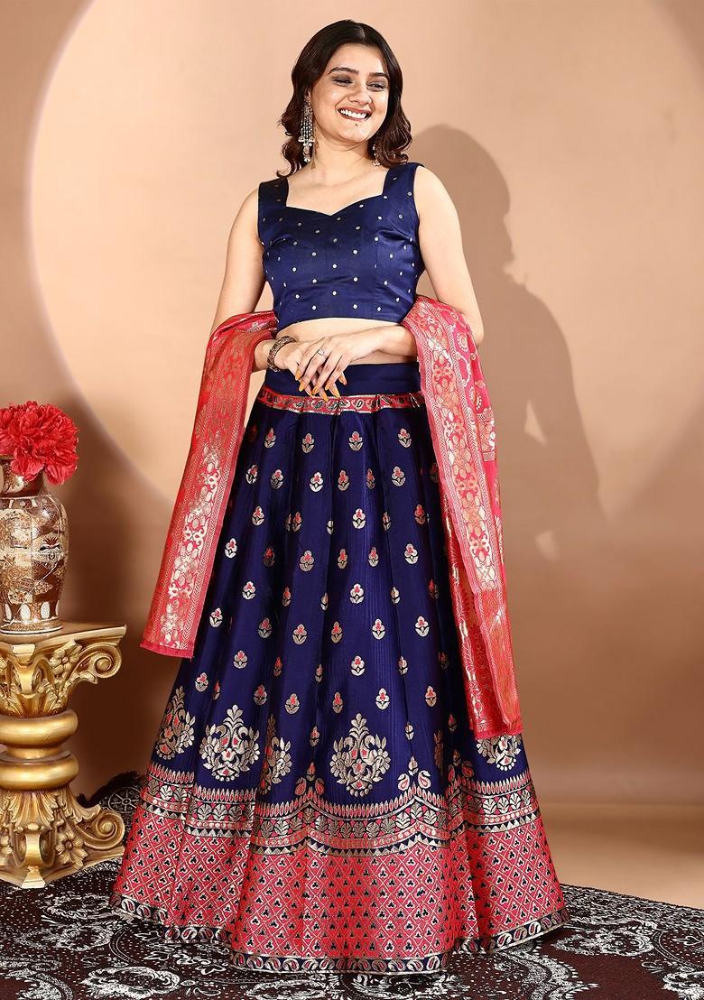 Navy Blue Zari Work Blended Lehenga Choli - Indya