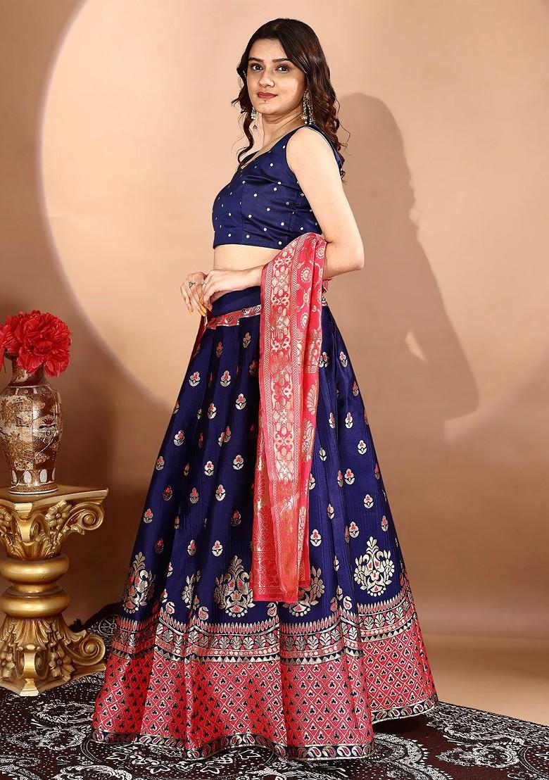 Navy Blue Zari Work Blended Lehenga Choli - Indya