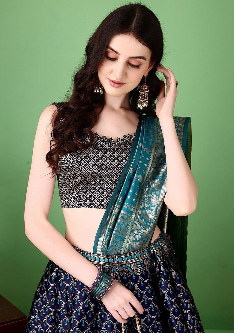 Blue Zari Work Blended Lehenga Choli - Indya