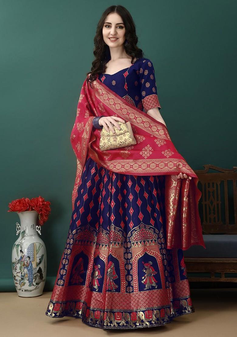 Blue Emboridered Blended Lehenga Choli - Indya