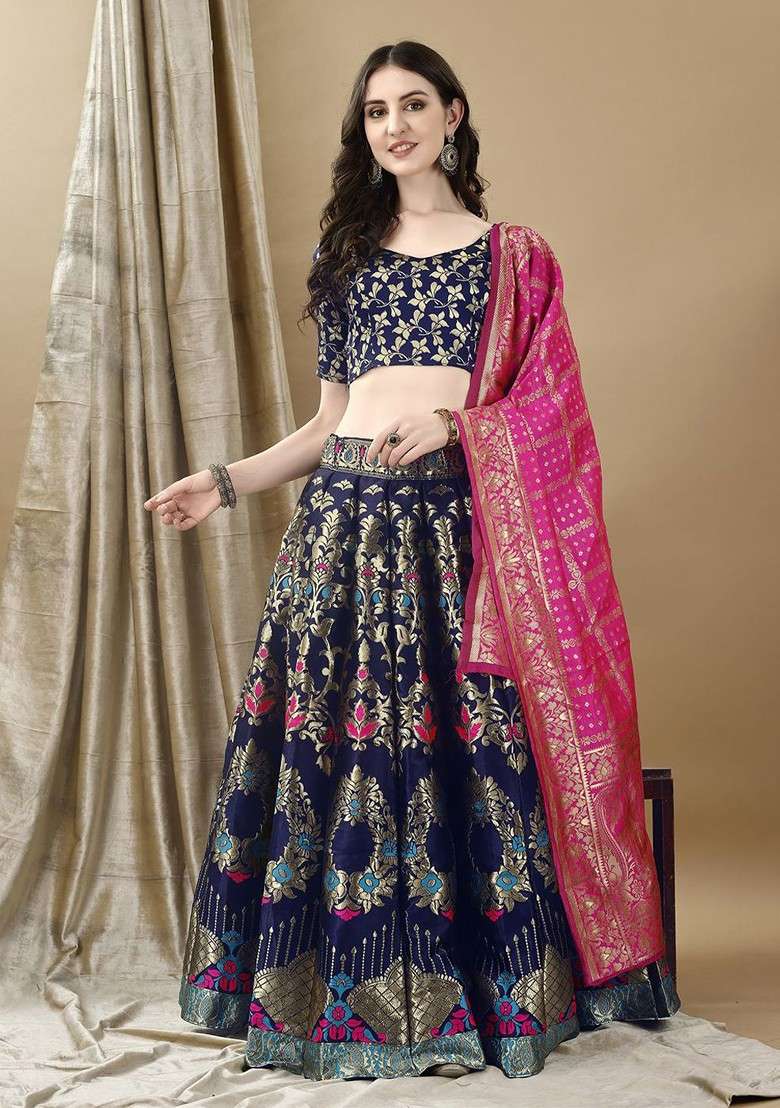 Navy Blue Zari Work Blended Lehenga Choli - Indya
