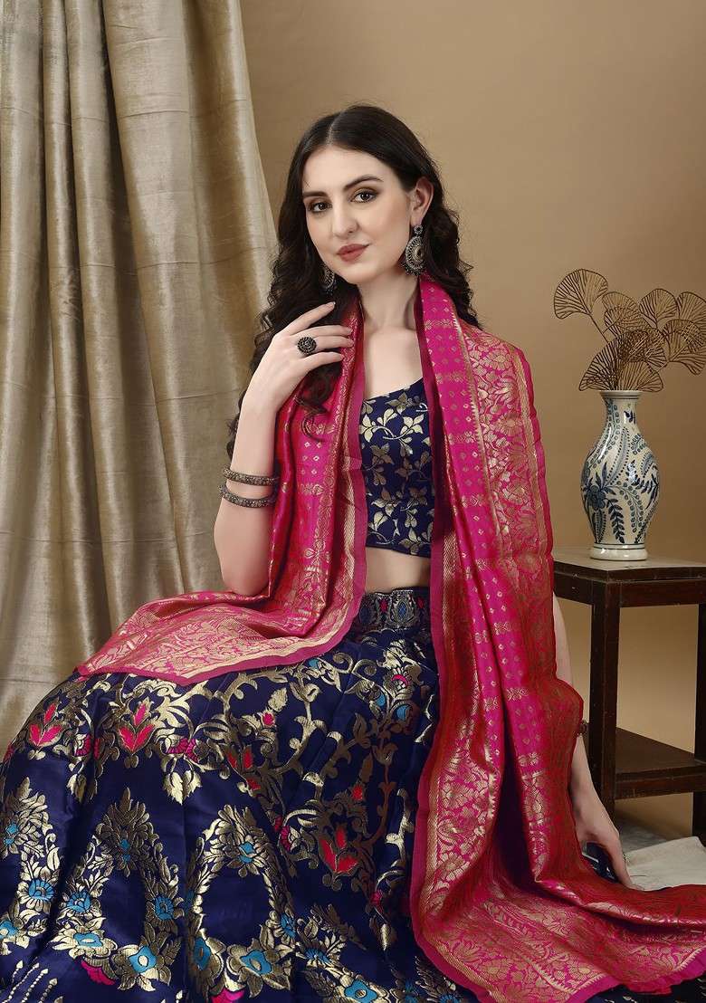 Navy Blue Zari Work Blended Lehenga Choli - Indya