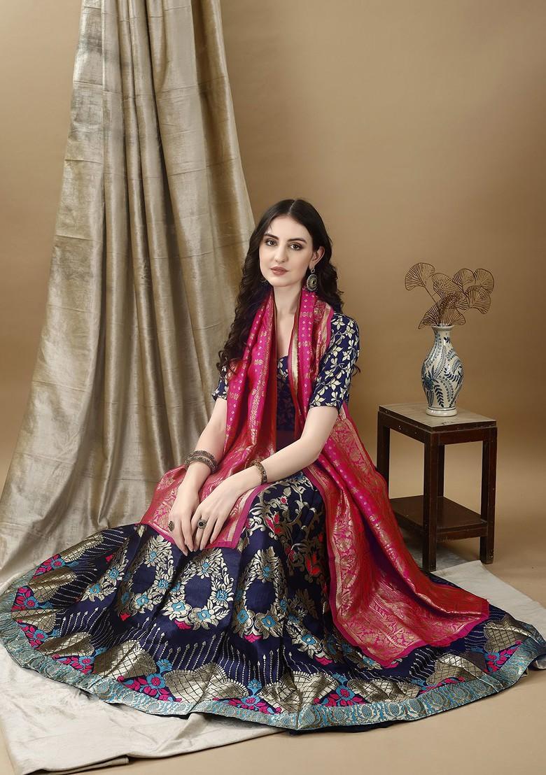 Navy Blue Zari Work Blended Lehenga Choli - Indya