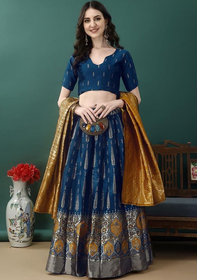 Blue Printed Blended Lehenga Choli - Indya