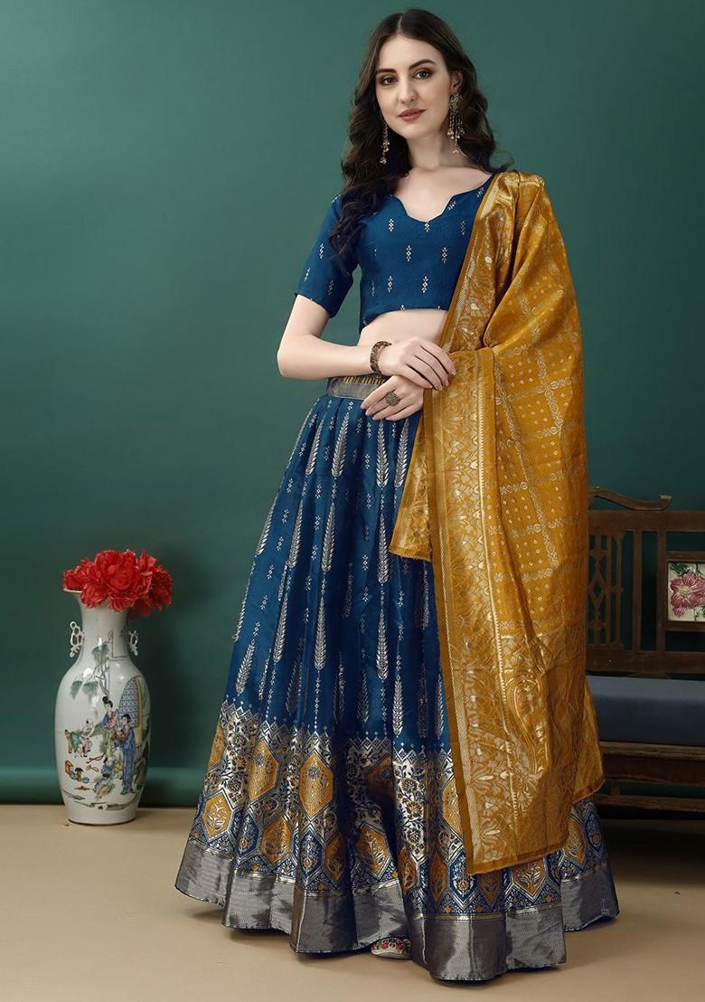 Blue Printed Blended Lehenga Choli - Indya