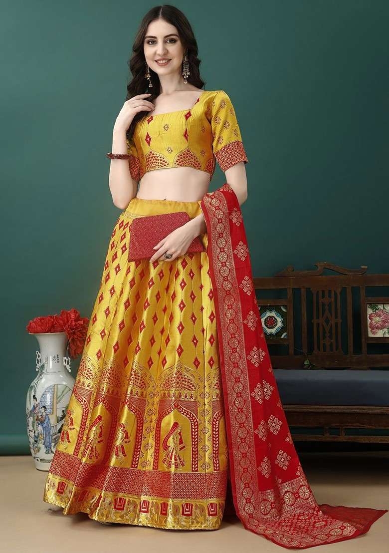 Gold Emboridered Blended Lehenga Choli - Indya