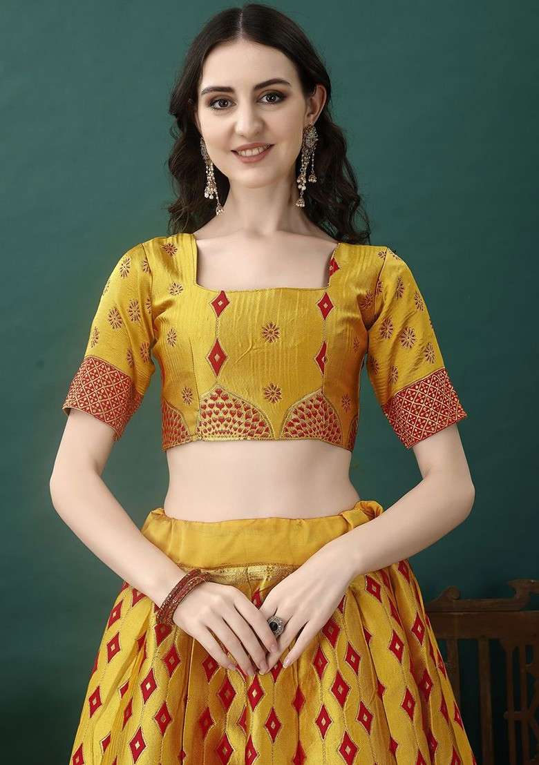 Gold Emboridered Blended Lehenga Choli - Indya