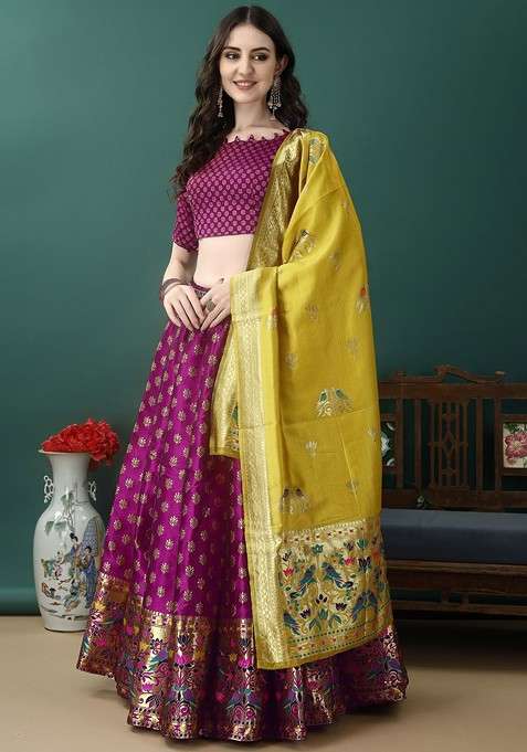 Purple Emboridered Blended Lehenga Choli