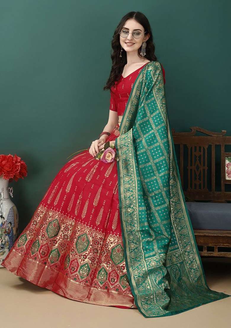 Red Emboridered Blended Lehenga Choli - Indya
